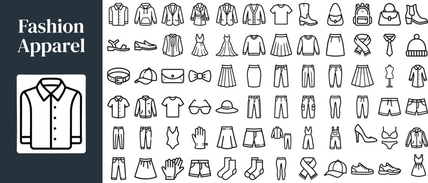 Wardrobe Accessories outline icon set. Featuring shoe, scarf, handbag, hat, and bow tie symbols. Editable stroke vector icons for online clothing store and personal styling guide.