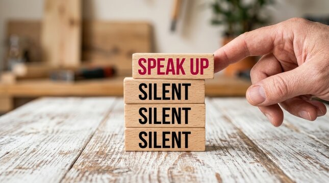 Hand pushing wooden block with speak up text placed on top of stacked silent words