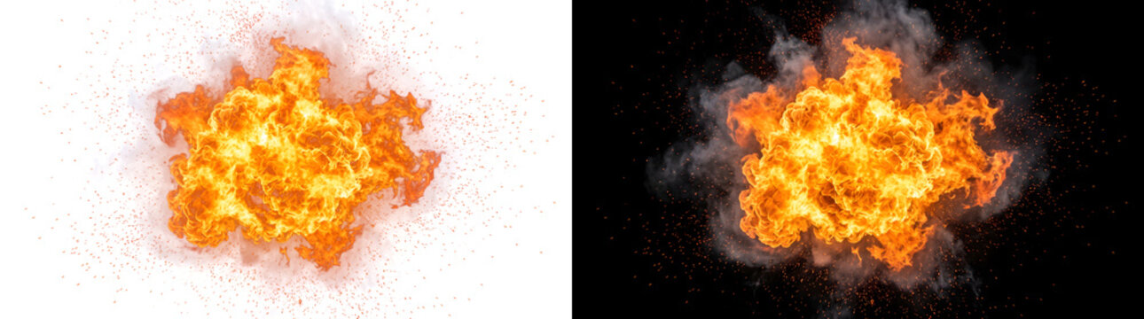 Realistic orange fireball explosion blast with smoke and burning spark debris for game action design in PNG, Transparent and Black Background Versions