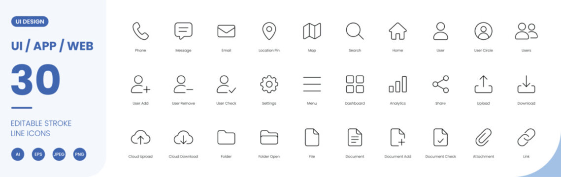ui app web icon line style interface user editable stroke vector set