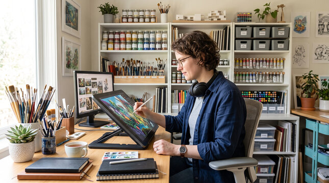 Young woman with short curly dark hair wearing a mustard yellow sweater illustrating detailed botanical subjects digitally on an iPad using an Apple Pencil 