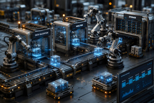 Futuristic smart factory featuring interconnected industrial robots, automated machinery, digital control systems and glowing data infrastructure, representing artificial intelligence, industrial auto