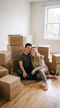 Vertical portrait of an affectionate young couple sitting on a rug in their empty new house surrounded by cardboard moving boxes clearly marked with a thick black marker