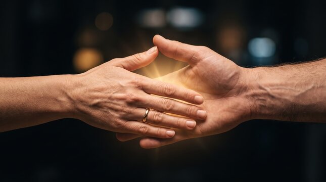 Close up of two people shaking hands with glowing golden light effect, symbolizing business agreement, partnership deal, trust, cooperation, successful negotiation