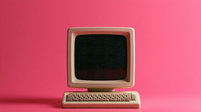 Retro vintage beige computer with old keyboard on pink background technology device isolated classic electronics front view minimalist design digital screen