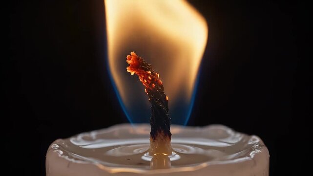 Burning candle wick, warm flame glow