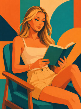 A relaxed young woman reads an open book in a comfortable armchair, creating a calm intellectual mood through vibrant retro illustration and bold geometric interior colors.