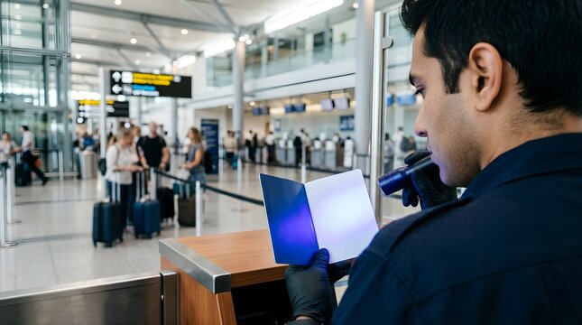 Airport security officer checking passenger passport with UV light