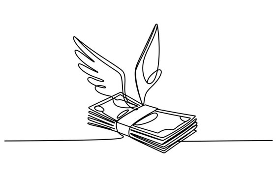 Continuous single line drawing of a stack of dollar money bills with wings representing fast financial growth and wealth investment success Vector, illustration