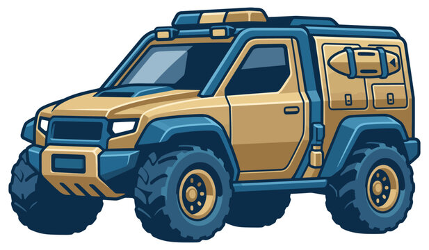 Futuristic beach patrol vehicle with off-road tires and lifeguard branding on white background.