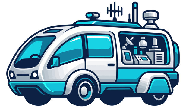 Futuristic mobile laboratory van with scientific equipment and communication antennas