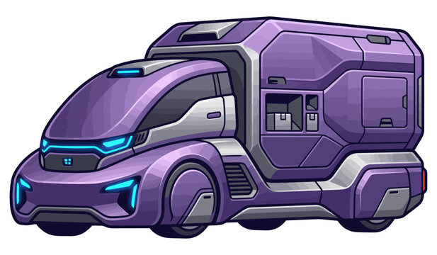 Futuristic purple autonomous delivery vehicle for smart city logistics and automated transport.