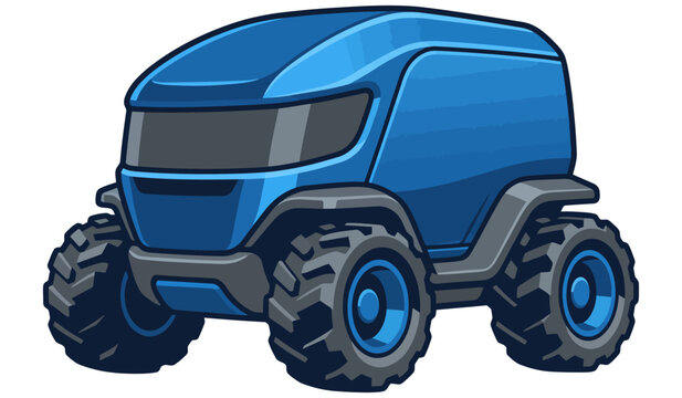 Futuristic blue autonomous transport pod with rugged off-road tires on white background