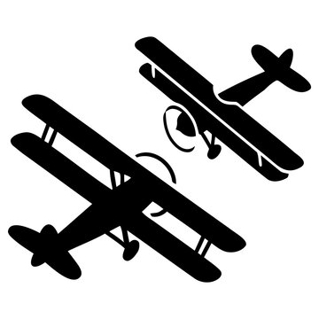 Two vintage biplanes in silhouette, engaged in an aerial maneuver, a classic aviation illustration design