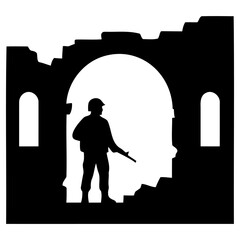 Obraz premium Minimalist vector graphic illustration featuring a black silhouette of a lone armed soldier standing guard within the dark ruins of an old archway