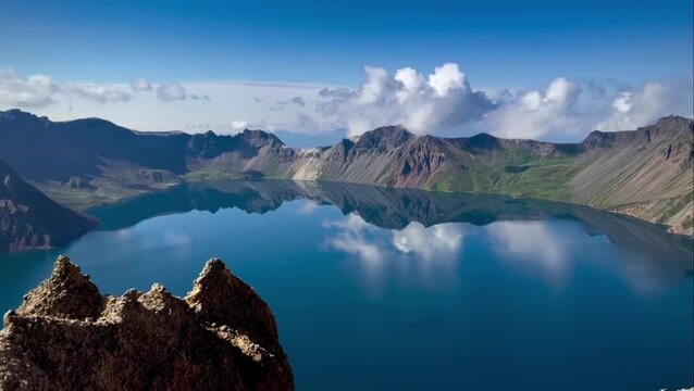 High Angle View of Heaven Lake Crater and Surrounding Mountain Ridges with Cloud Reflections on Baekdu Mountain