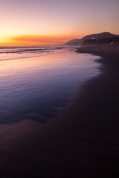 Tranquil Sunset On Reflective Pacific Beach. Troncones, Guerrero. Mexico