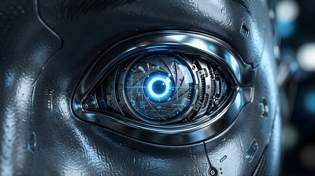 Close-up of a futuristic robotic eye with blue digital glowing iris