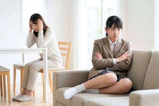 反抗期の女子中学生と悩む母親｜思春期・親子関係・家庭問題のシーン
