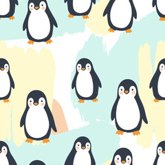 Fototapeta premium Seamless pattern featuring cute cartoon penguins with round bodies and orange feet on a background of pastel abstract brushstrokes in light blue, yellow, and peach tones.
