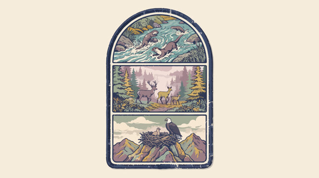 Retro badge illustration featuring otters in a river deer in a forest and an eagle in a mountain nest