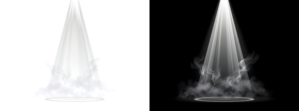 Spotlight Beam glowing white stage light cone with rising smoke on black background including PNG, Transparent and Black Background Versions for theatrical designs