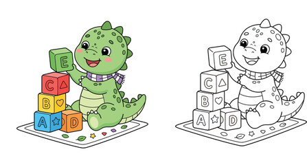 Obraz premium Cute Baby Dinosaur Playing with Alphabet Blocks Cartoon Illustration and Coloring Page Vector Set for Kids Education and Activity