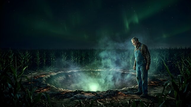 Farmer discovering a glowing crater in a cornfield under the aurora borealis