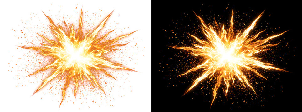 Fire Explosion glowing orange energy burst with radiating flame spikes on black background including PNG, Transparent and Black Background Versions for dramatic designs