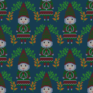 Nordic winter seamless pattern with cross stitch embroidery gnomes, plants and elements for decoration background and backdrop artwork.