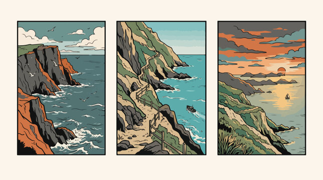 Three coastal landscape panels featuring rocky cliffs winding hiking trails and beautiful orange sunset over the blue ocean water vector