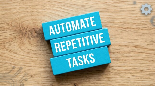 Blue wooden blocks displaying text about automate repetitive tasks on a textured light wooden table surface
