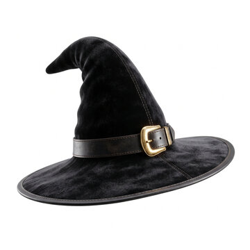 Classic black velvet witch hat with a leather strap and gold buckle isolated on a white background for Halloween and magic themes