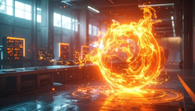 Brilliant orange fire orb manifesting in digital research lab.