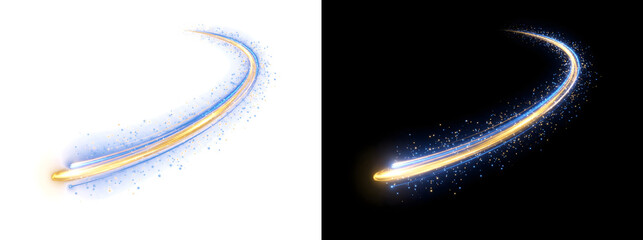 Comet Trail glowing golden and blue curved streak with bright sparkling particles on black background including PNG, Transparent and Black Background Versions for dynamic designs © Nyxthrasza