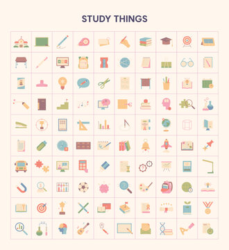 Colorful collection of study and education icons featuring school supplies, learning tools, books, science, art, and academic symbols.