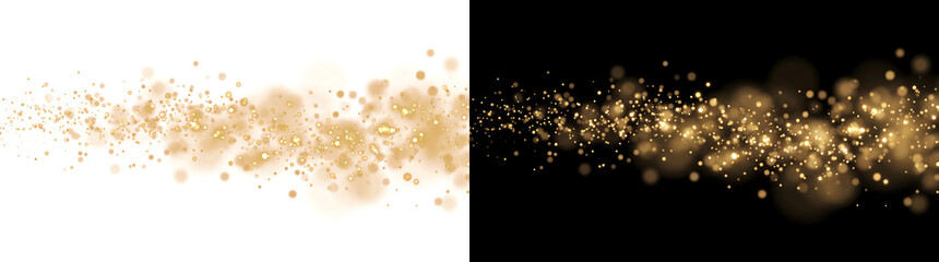 Golden Dust sparkling bokeh particle trail drifting horizontally on black background including PNG, Transparent and Black Background Versions for magical designs © Nyxthrasza