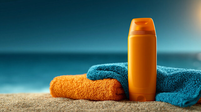 Sunscreen bottle and colorful beach towels resting on sand near the ocean with sun lotion