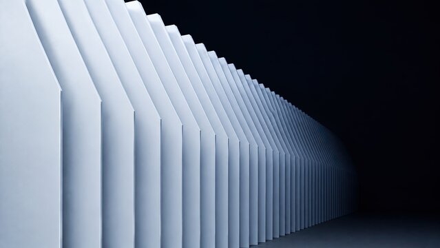 Minimal white architectural fins repeating into a dark vanishing point with cool side light. 3D background template for modern editorial technology and branding