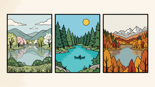 Vibrant vector illustration set showcasing three seasonal landscapes with blooming flowers lush forest trees and majestic mountain scenery for design