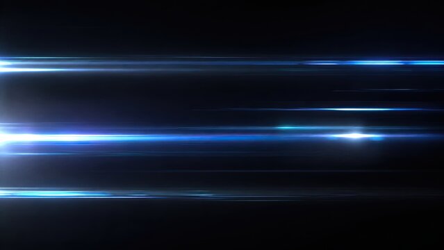 Horizontal electric blue light streaks and lens flares racing across a black field. Cinematic light overlay background for technology posters film titles and digital compositing