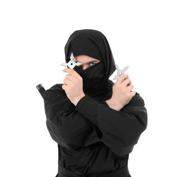 Male ninja with shurikens on white background
