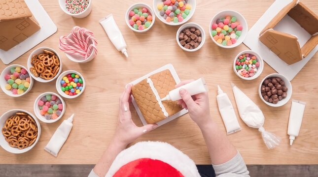 Person wearing Santa hat applies white icing to a gingerbread house roof on wooden table. Gingerbread house uses gumdrops and pretzels for festive Christmas edible craft during winter holiday season.