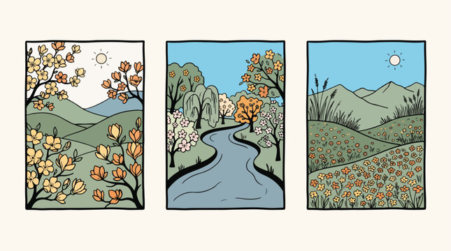 Decorative vector art set featuring three hand drawn landscapes with rolling hills blooming trees and a calm flowing blue river