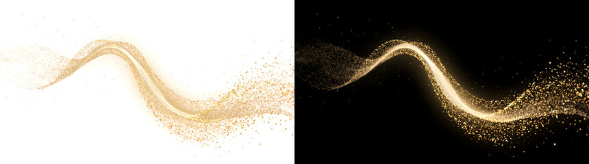 Fototapeta premium Glitter Wave flowing golden dust stream with sparkling particle clusters on black background including PNG, Transparent and Black Background Versions for luxury designs