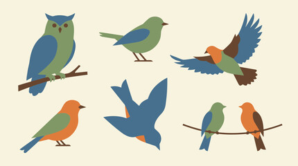 Obraz premium Set of stylized flat vector birds in various poses on a light background.