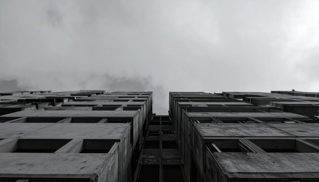 Brutalist concrete building exterior in black and white.