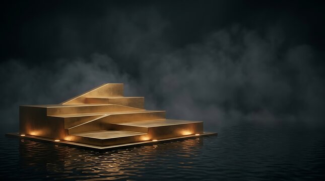 Empty gold podium stage with steps on dark water surface with fog and dramatic lighting
