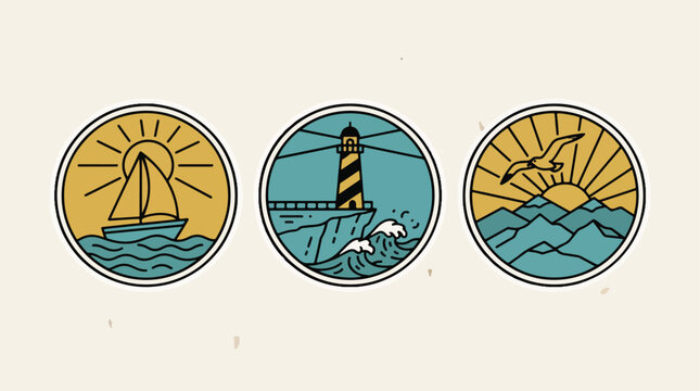 Nautical vector illustration set featuring a sailboat a beacon lighthouse and a flying seagull above blue textured ocean waves