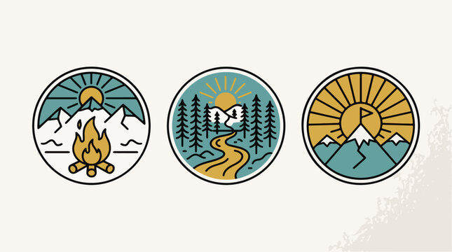 Circular nature badges featuring minimalist mountain landscapes campfires winding rivers and sunbursts crafted in a clean modern vector graphic style